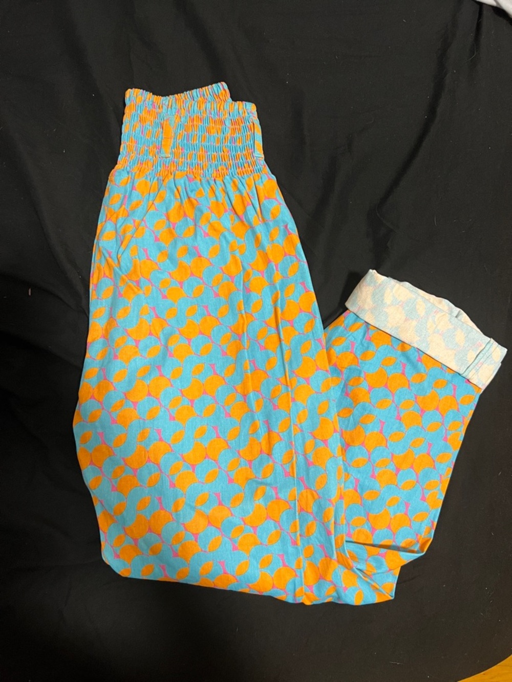 Lucy & Yak Blue and Orange Geometric Smocked Waist Pants